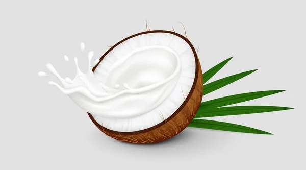 Halve Kokosnoot Fruit Met Melk Splash Palmbladeren Geïsoleerd Grijze Achtergrond — Stockvector