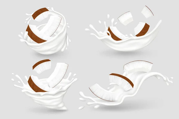 Mléko Stříkance Kousky Kokosu Izolované Šedém Pozadí Realistická Vektorová Ilustrace — Stockový vektor