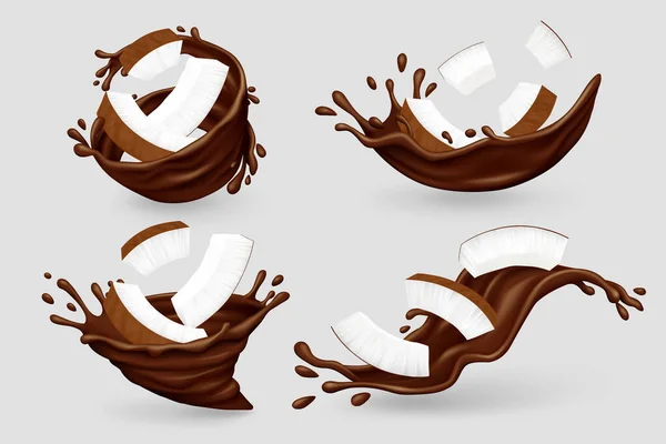 Čokoládové Šplouchání Kousky Kokosu Izolované Šedém Pozadí Realistická Vektorová Ilustrace Stock Ilustrace