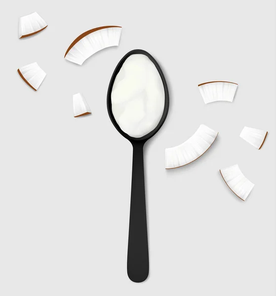 Coconut Oil Black Spoon Scattered Coco Pieces Isolated Gray Background — Stock Vector