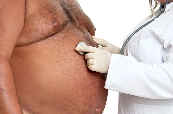 Large male patient with big belly and doctor — Stock Photo, Image