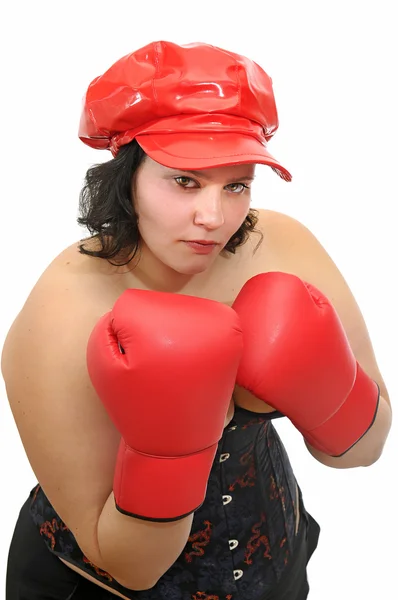 Jovem mulher com luvas de boxe — Fotografia de Stock