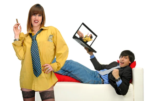 Бизнесмен с девушкой-ноутбуком — стоковое фото