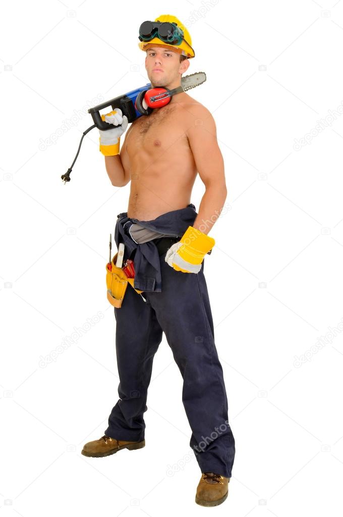 Download - Muscular construction worker with chainsaw posing isolated in wh...