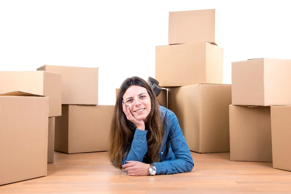Girl with boxes — Stock Photo, Image