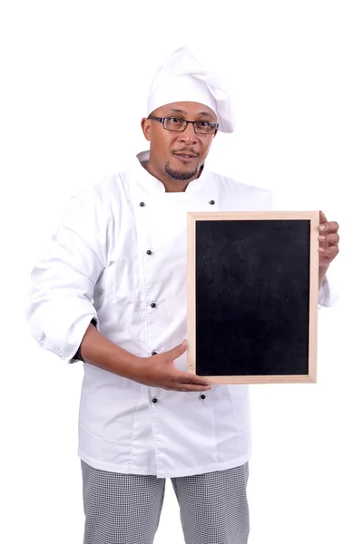 Šéfkuchař s černým menu desky — Stock fotografie