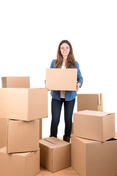 Beautiful girl with cardboard boxes — Stock Photo, Image