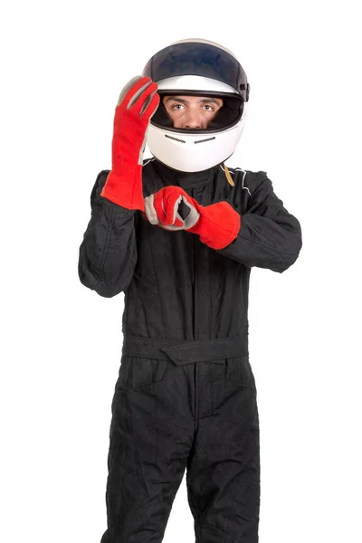 Rennfahrer Zieht Handschuhe Mit Helm — Stockfoto