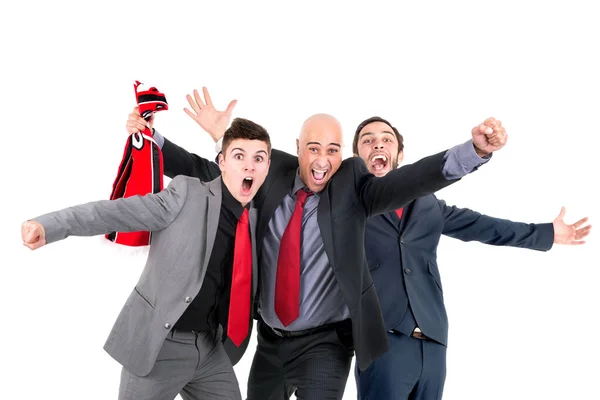 サッカーのスカーフで幸せなビジネスマンは白で隔離された勝利を祝う — ストック写真