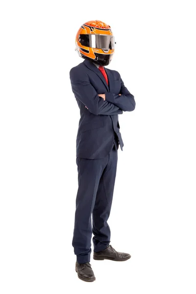 Geschäftsmann Posiert Mit Helm Isoliert Vor Weißem Hintergrund — Stockfoto