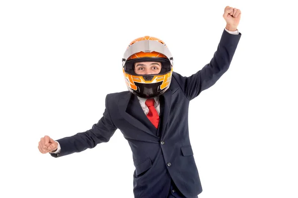 白に隔離されたヘルメットと幸せと成功したビジネスマン — ストック写真
