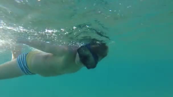 Ein Kind Einer Unterwassermaske Lernt Schwimmen Und Tauchen Der Junge — Stockvideo