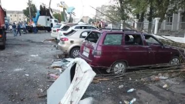 Vinnytsia, Ukraine - July 14, 2022: Consequences of the bombing of the city center. Consequences of the war between Russia and Ukraine. Destroyed houses after the bombing by the Russian army