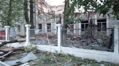 Vinnytsia, Ukraine - July 14, 2022: Consequences of the bombing of the city center. Consequences of the war between Russia and Ukraine. Destroyed houses after the bombing by the Russian army