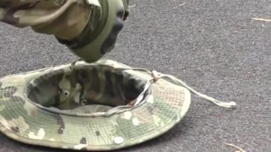 Poltava-Kharkiv region, Ukraine - August 2022: Ukrainian military man receives cartridges for a machine gun. A soldier of a volunteer formation of a territorial community inserts cartridges into a gun horn. Cartridges in the hands of a soldier