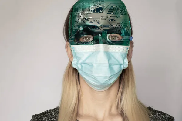 Young Girl Blue Plastic Mask Matrix System Overlay Effect Medical — Stock Photo, Image