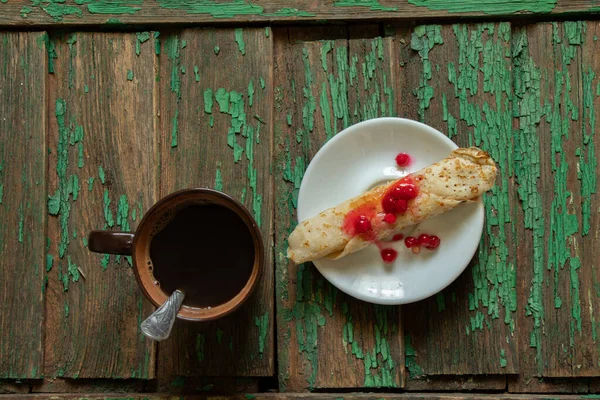 Rolled Pancake Viburnum Sugar Teatka Next Cup Coffee Old Wooden — Stock Photo, Image