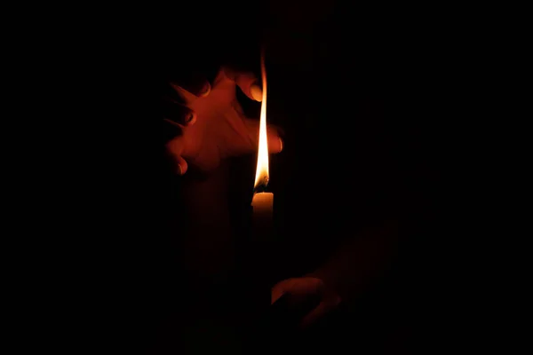 Candle Flame Hands Girl Dark Candle Fire Church Relinia — Stock Photo, Image