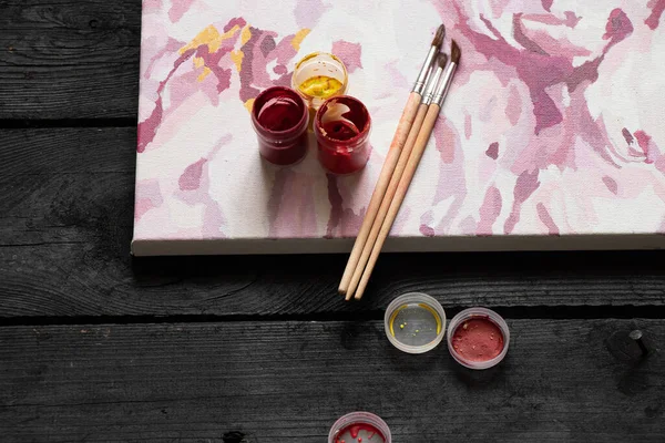 Картина Холсте Розовые Пионы Окрашены Красками Художественные Работы Живопись Цветы — стоковое фото