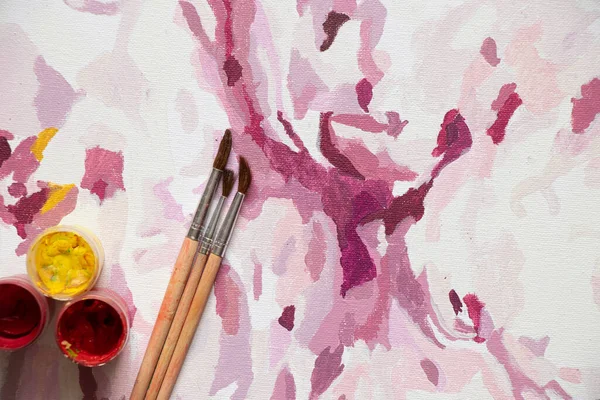 Живопись Холсте Розовые Пионы Окрашенные Красками Произведения Искусства Живопись Цветов — стоковое фото