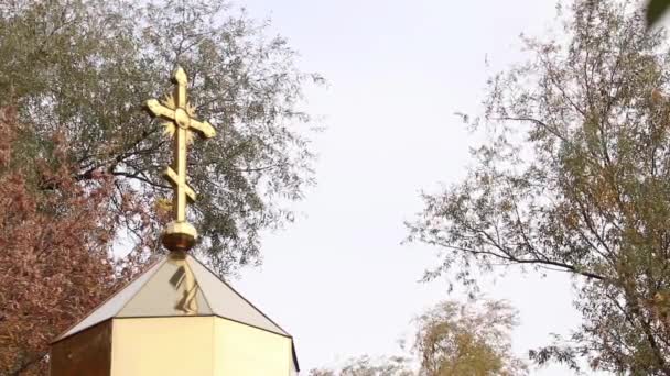 Cruz en la cúpula de una iglesia cristiana sobre el fondo del cielo y los árboles de otoño, la iglesia sobre el fondo del cielo, la religión — Vídeos de Stock