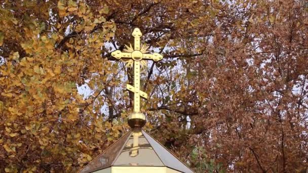 在一座基督教教堂的穹顶上交叉，在天空和秋树的背景下，教堂在天空、宗教的背景下 — 图库视频影像