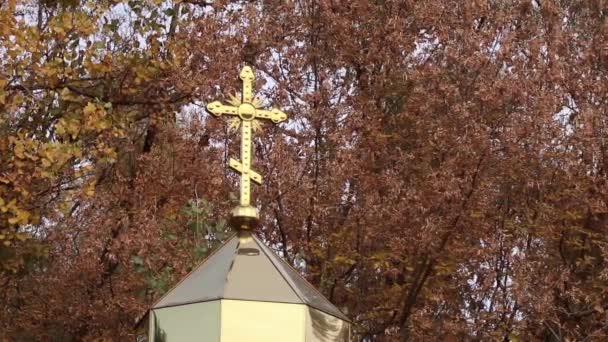 Cruz en la cúpula de una iglesia cristiana sobre el fondo del cielo y los árboles de otoño, la iglesia sobre el fondo del cielo, la religión — Vídeos de Stock