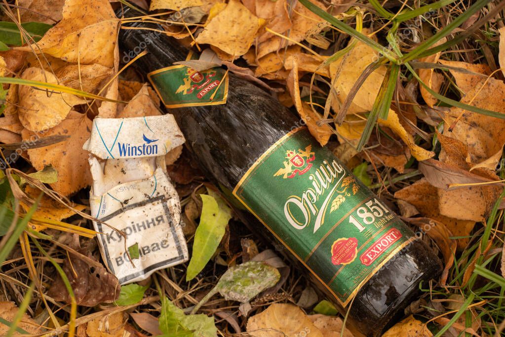 Ukraine Dnipro 26.10.2021 - An empty pack of Winston cigarettes and a glass bottle of beer were thrown out in the forest in autumn leaves, alcoholism and environmental pollution, a bad habit