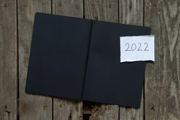 Svart Tomt Block Och Text 2022 Gammalt Träbord Gott Nytt — Stockfoto
