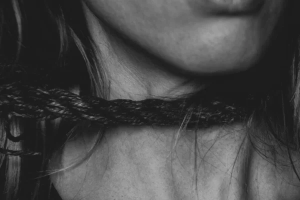 Girl Rope Her Neck Human Trafficking Slavery Power People Rope — Stock Photo, Image