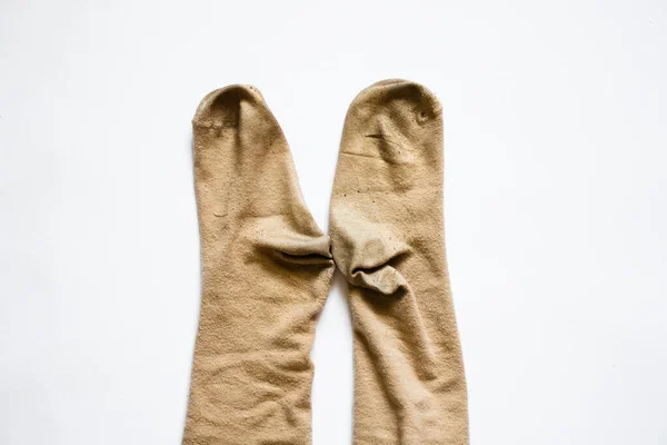 Schmutzige Braune Damensocken Auf Weißem Hintergrund Getragene Socken — Stockfoto