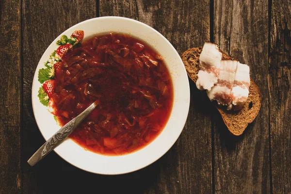 Plate Traditional Ukrainian Borscht Piece Bread Bacon Side Wooden Table — Stock Photo, Image