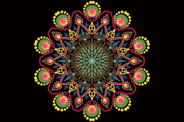 Siyah arkaplandaki farklı renklerden boyanmış bir mandala. Etno-doğulu bir dekoratif süs. çok renkli mandala, sanat eseri.