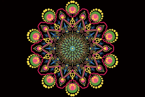 Uma Mandala Pintada Seus Pontos Cores Diferentes Fundo Preto Ornamento — Fotografia de Stock