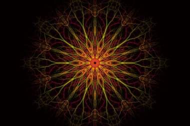 Siyah arka planda, kozmik evrende şimşekten farklı renklerde mandala kozmik çizimi. çok renkli yıldırım ve yıldız mandala, sanat eseri uzay galaksisi