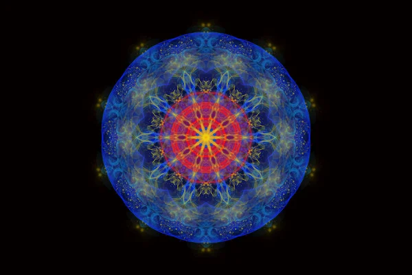 Mandala Dessiné Cosmique Foudre Différentes Couleurs Sur Fond Noir Univers — Photo