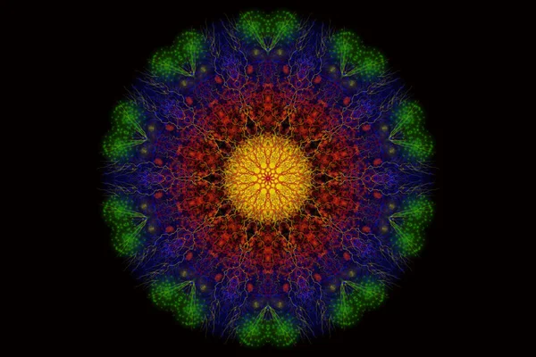 Mandala Dessiné Cosmique Foudre Différentes Couleurs Sur Fond Noir Univers — Photo