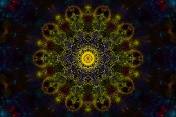 Gezeichnetes Kosmisches Mandala Aus Blitzen Verschiedener Farben Auf Schwarzem Hintergrund — Stockfoto
