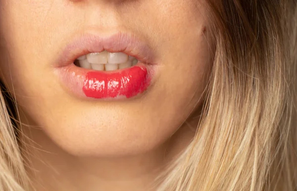 Young Girl Red Lipstick Her Lips Treatment Lips — Stockfoto