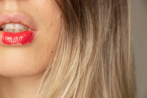 Young Girl Red Lipstick Her Lips Treatment Lips — Stockfoto