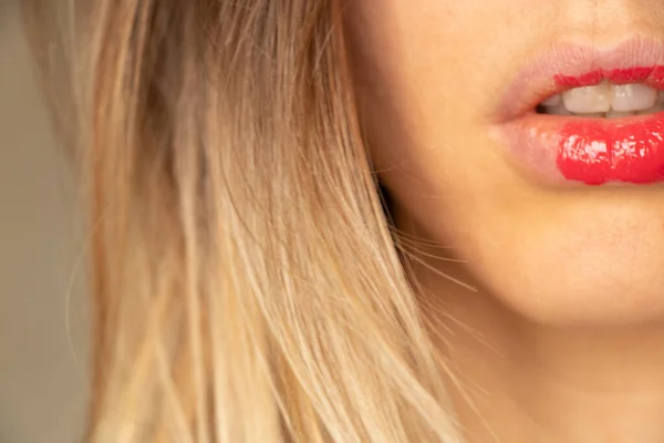 Young Girl Red Lipstick Her Lips Treatment Lips — Fotografia de Stock