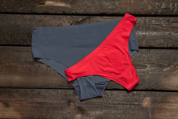 Women Old Blue Red Panties Lie Wooden Table Women Underwear — Foto Stock