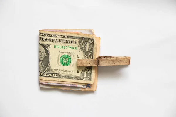 Dollars Wallet Wooden Clothespin White Background Finance Dollars Isolated Background — 图库照片