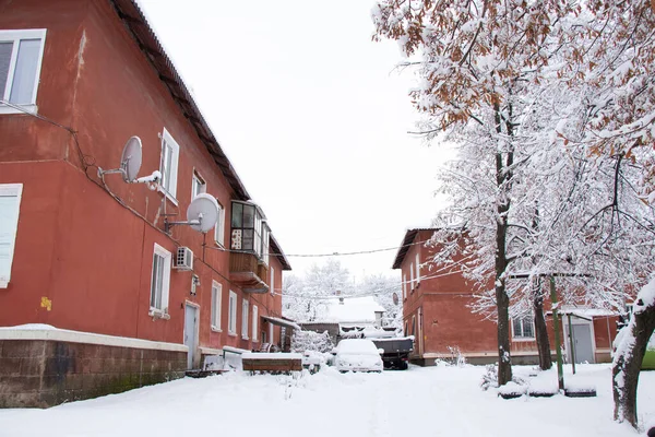 Sleeping Residential Area Red Two Story Houses Snow Winter Residential — Stock Photo, Image