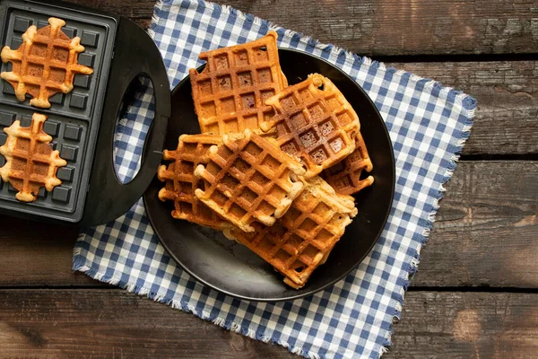 Viennese Waffle Wooden Table Cup Coffee Waffles Breakfast Kitchen Home — Stockfoto