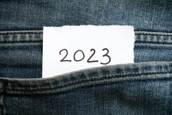 2023 Written Paper Lies Pocket Jeans Happy New Year 2023 — Stockfoto