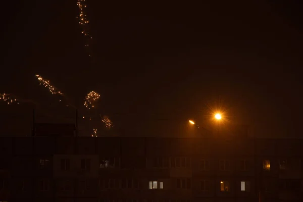 Fireworks Night Sky Background Multi Storey Buildings Sleeping Area Ukraine — Fotografia de Stock