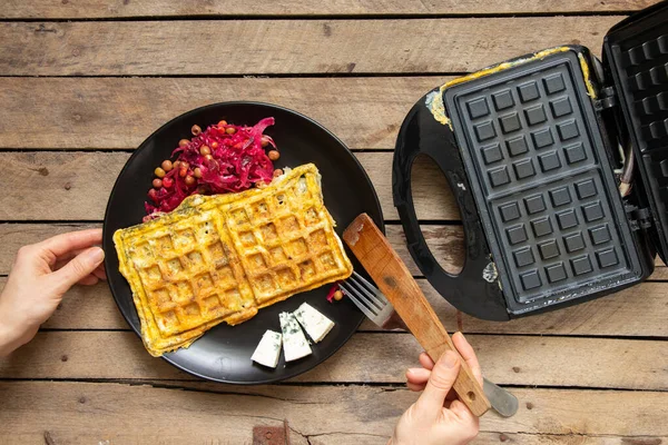 Fry Scrambled Eggs Cheese Spices Waffle Iron Wooden Table Kitchen — Stock Photo, Image