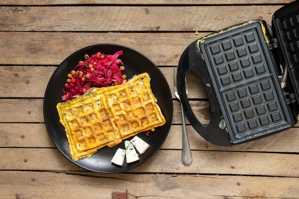 Fry Scrambled Eggs Cheese Spices Waffle Iron Wooden Table Kitchen — Stock Photo, Image
