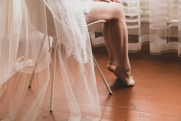 Bride Sitting Chair Barefoot Floor Home Wedding — Stock Fotó